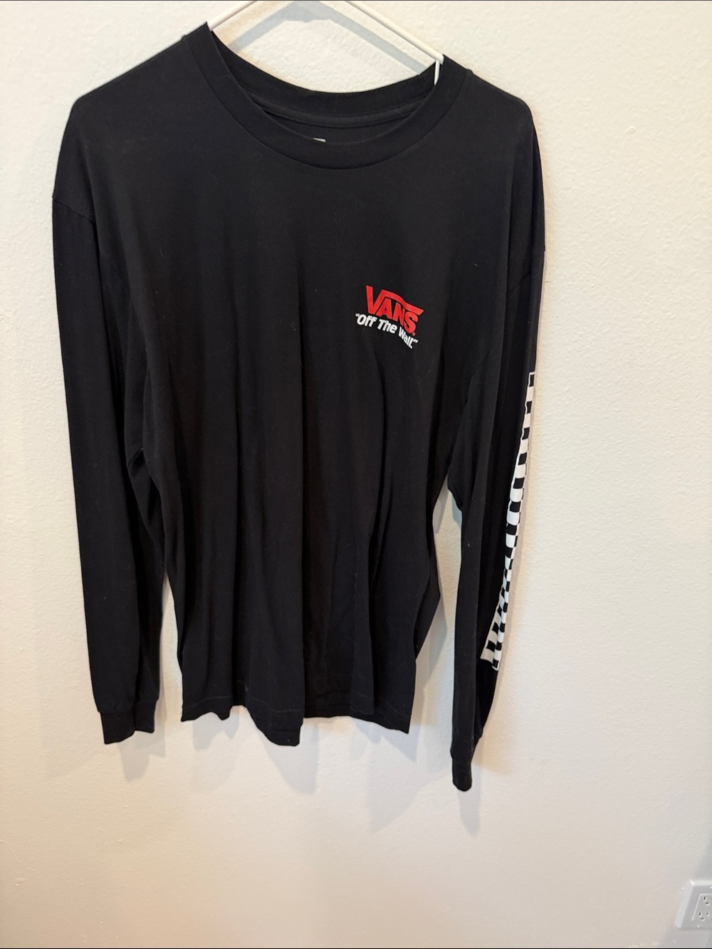 Vans Black Long Sleeve Tee with Red Logo & Checker Sleeve